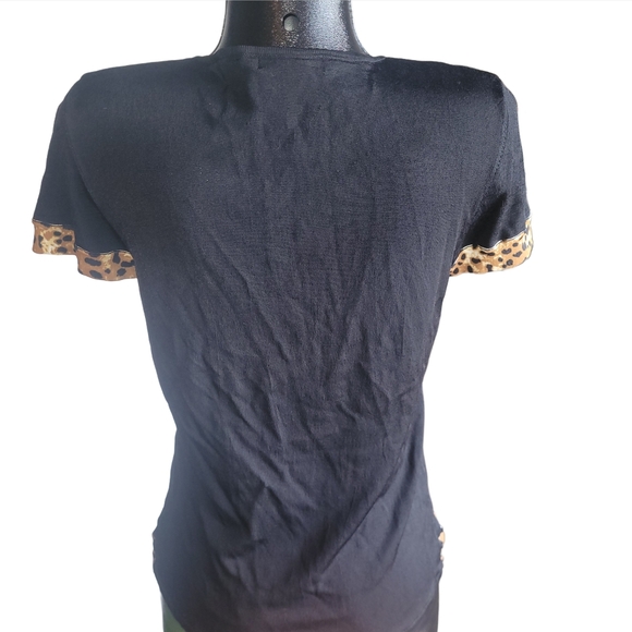 Motive Black Top with Leopard Print Trim and Embellished Front M - Picture 6 of 7